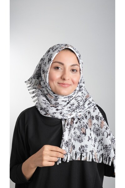 HÜRREM BONE Κρεμ-μαύρο Πρακτικό έτοιμο στο χέρι μαντήλι Hijab με κομμένες ίνες Πλισέ με λουλουδάτο μοτίβο 1818d6_4001