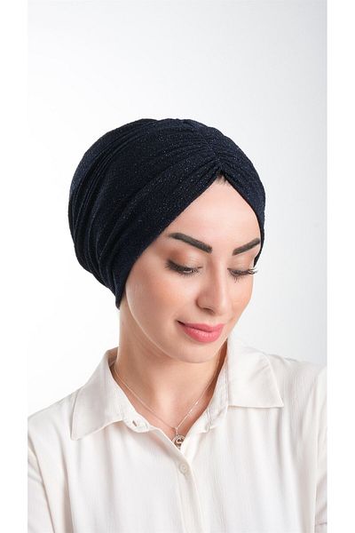 HÜRREM BONE Navy Blue Practical Ready-Made Hijab Bonnet Fukuro Glittery Gathered 2116_02