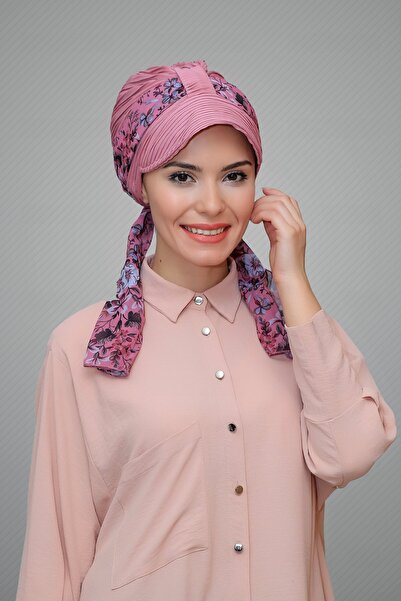 HÜRREM BONE Gül Kurusu Şapkalı Tesettür Bone Kesik Elyaf Desenli Şifon Kemerl...