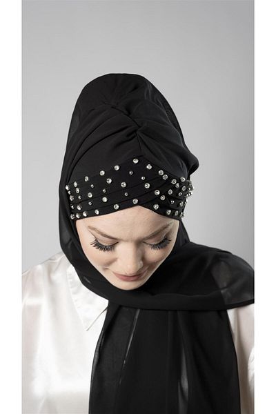 HÜRREM BONE Black Practical Ready-made Interlocking Bonnet Shawl Chiffon Self-Sewn Bonnet Stone Handmade Embroidered 1450_01