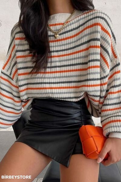 BİRBEYSTORE Orange Striped Women's Knitwear Sweater