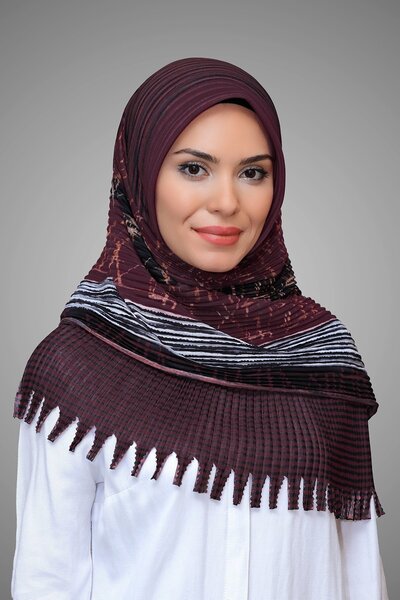 HÜRREM BONE Bordo Pratik Hazır Geçmeli Tesettür Eşarp Kesik Elyaf Piliseli Çi...