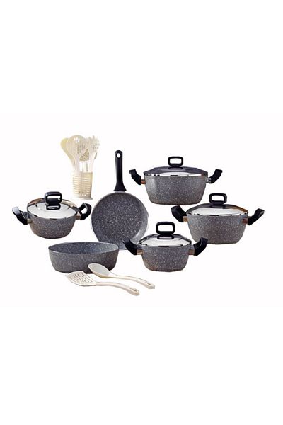 drobina Turkish granite cookware set consisting of 17 pieces grey steel