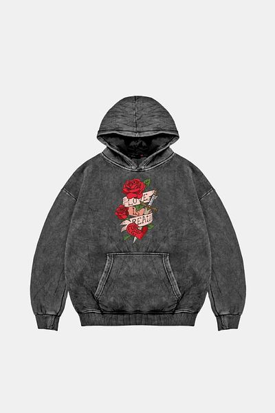Bak Moda Love Is Real Printed Oversize Unisex Washed Black Hoodie