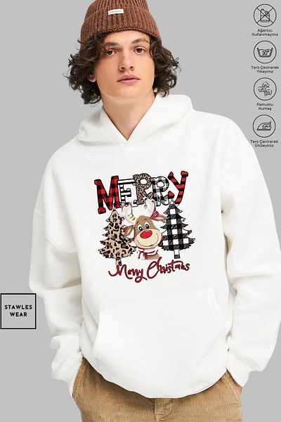stawles wear Unisex Πρωτοχρονιάτικο ελάφι Καλά Χριστούγεννα με στάμπα Oversize φούτερ με κουκούλα