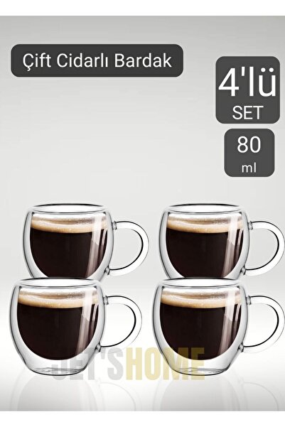 Jet's Home 4’lü Set Kulplu Espresso Bardağı Doppio Ristretto Bardağı Çift Cid...