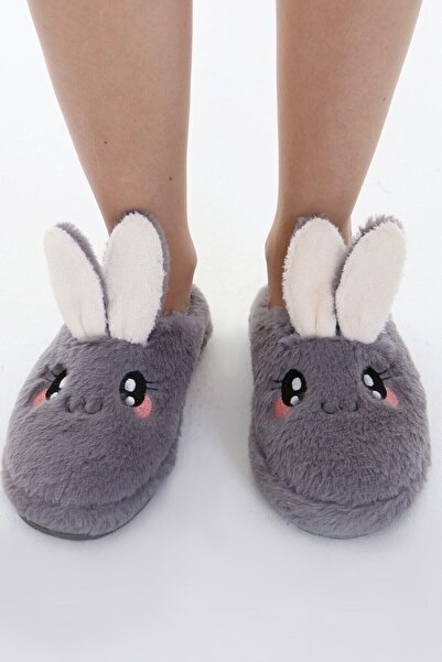 Beyond Women's Gray Rabbit Soft Furry Gondola House Slippers 3cm Byndfkb01