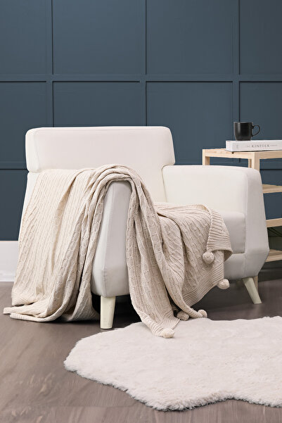 FAVORA Biocotton Knitwear Pompom Tv Blanket - Beige