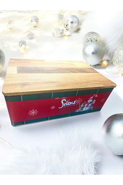 Yenigeldi 1 Piece Metal Christmas Ornament Wooden Bread Box with Cutting Board, Measures 30*20*11 cm Multi-Purpose Box