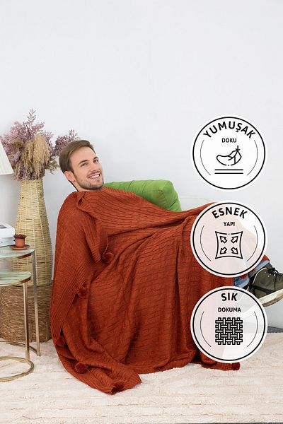 FAVORA Brick Color Biocotton Knitwear TV Blanket - Knitted with Pompom