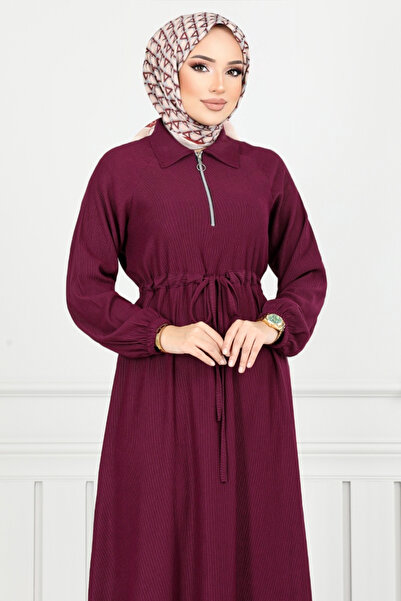 ModaMerve Karin Dress with Half Zipper 2523Hbs932-M Burgundy