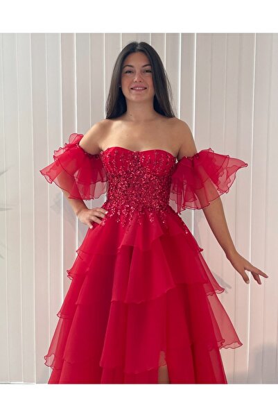 Hanımefendi Giyim Katlı Tül Detaylı Payetli Abiye Elbise