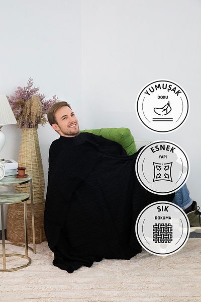 FAVORA Biocotton Knitwear Pompom Knitted TV Blanket - Black