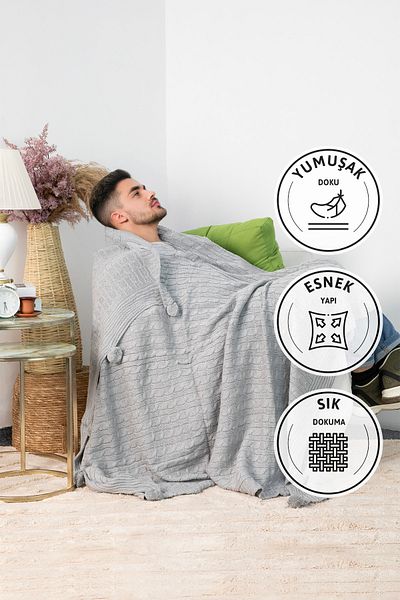 FAVORA Biocotton Knitwear Pompom Knitted TV Blanket - Gray
