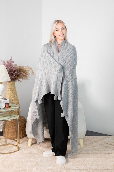 FAVORA Biocotton Knitwear Pompom Knitted TV Blanket - Gray