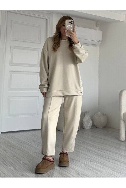 KÜBRA SÖYLEMEZ BOUTİQUE Cream Modal Set with Side Snaps