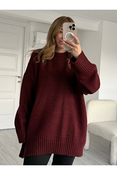 KÜBRA SÖYLEMEZ BOUTİQUE Bordo Oversize Bisiklet Yaka Örgü Kazak