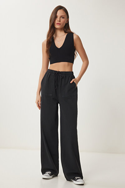 Lovelyİstanbul بنطال بالازو واسع الساق من قماش الدنيم ذو تأثير شاحب أسود LMX0071