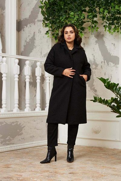 RMG Gamze Fashion Butik Plus Size Black Coat with Curly Lining Inside
