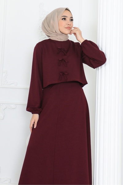 Bestenur Plum Bow Blouse and Skirt Set - 1298