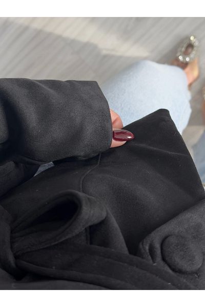 KÜBRA SÖYLEMEZ BOUTİQUE Belted Design Suede Jacket with Black Shoulder Detail