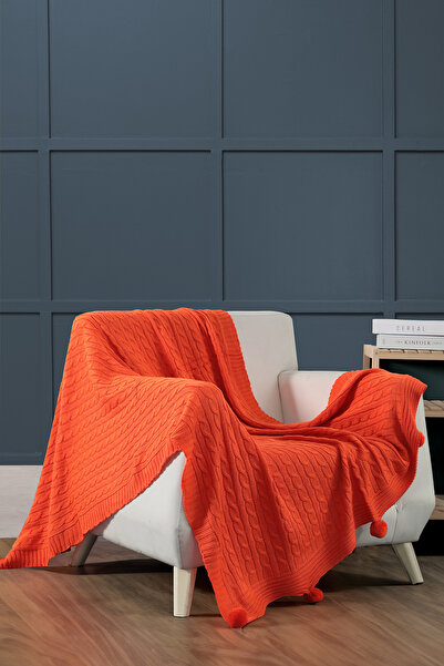 FAVORA Biocotton Knitwear Pompom Knitted Tv Blanket - Orange