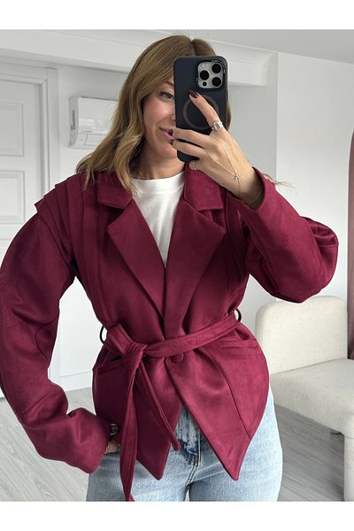 KÜBRA SÖYLEMEZ BOUTİQUE Burgundy Shoulder Detailed Belted Design Suede Jacket