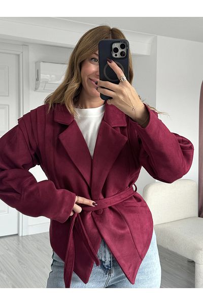 KÜBRA SÖYLEMEZ BOUTİQUE Burgundy Shoulder Detailed Belted Design Suede Jacket