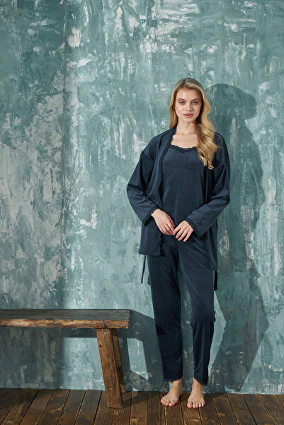 Elit Women's French Velvet Dressing Gown 3-Piece Pajama Set Dowry Set Stylish Night Dowry Pajamas