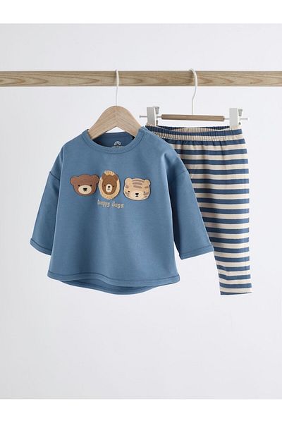 Next Baby Cotton Blue Striped Bear Patterned Long Sleeve Bottom Top Set
