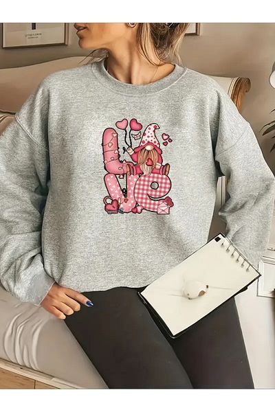 Pink Sky Γκρι Oversize Hoodie LOVE Φούτερ με στάμπα με κουκούλα