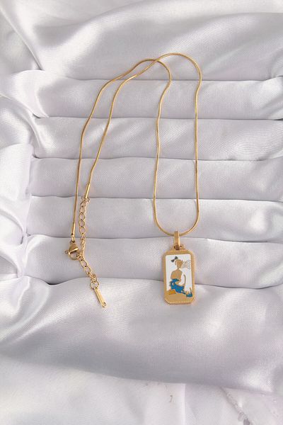 Skygo White Enameled Girl Figure Tarot Necklace - 316L Steel, Gold Color - Tj-Bko9027