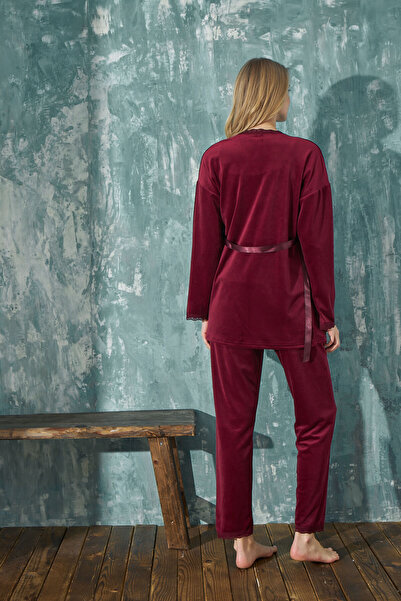 Elit Women's French Velvet Dressing Gown 3-Piece Pajama Set Dowry Set Stylish Night Dowry Pajamas