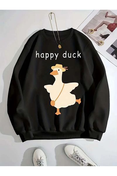 Pink Sky Black Oversize Crew Neck Happy Duck Printed Sweatshirt