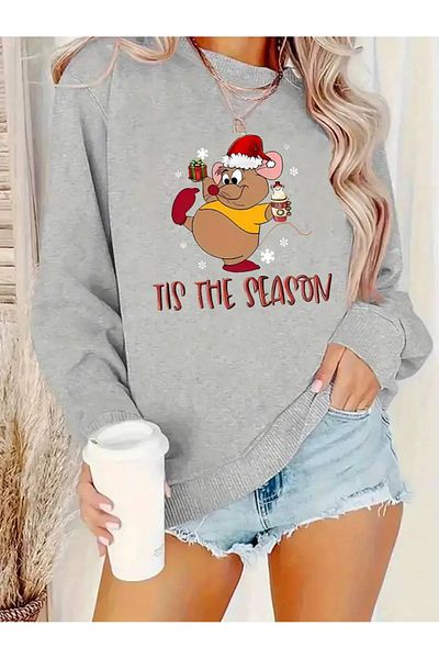 Pink Sky Gray Oversize Crew Neck Christmas Mouse Printed Sweatshirt