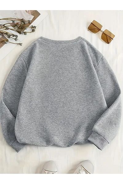 Pink Sky Γκρι Oversize Hoodie LOVE Φούτερ με στάμπα με κουκούλα