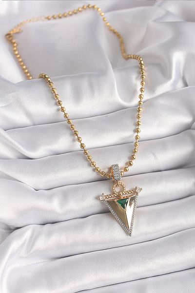 Skygo Gold Colored 316L Steel - Zircon Stone 3D Triangle Model Women's Necklace Tj-Bko9482