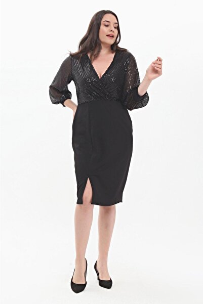 Şirin Butik Γυναικείο μαύρο φόρεμα με διπλό γιακά με παγιέτες και λεπτομέρεια σχισμής