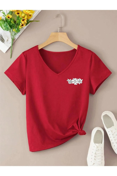 SUPER POZE Damska koszulka casualowa z kwiatowym wzorem i dekoltem w serek