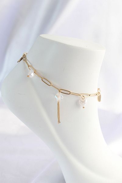 Skygo Gold Colored 316L Steel - Heart Detailed Dangle Anklet TJ-HH1561