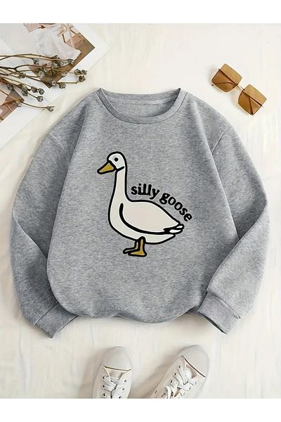 Pink Sky Gray Oversize Crew Neck Silly Goose Printed Sweatshirt