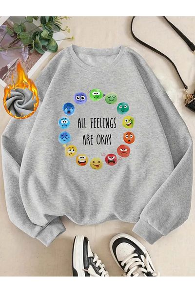 Pink Sky Gray Oversize Crew Neck Printed Sweatshirt