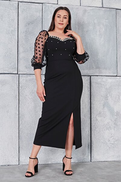 Şirin Butik Γυναικείο Μαύρο Μεγάλο Μέγεθος Πέρλα Λεπτομερείς Μανίκια Πουά Βραδινό Φόρεμα
