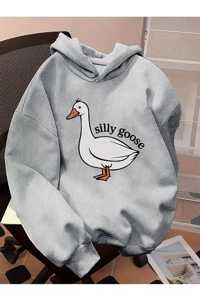 Pink Sky Gray Oversize Hooded Silly Goose Printed Sweatshirt