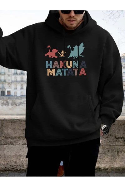 HOFFNUNG Siyah Oversize Kapüşonlu Hakuna Matata Baskılı Sweatshirt