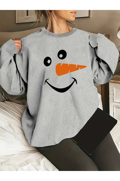 Pink Sky Carrot Toe Snowman Printed Sweatshirt