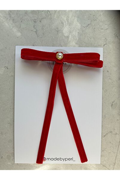 MADE BY PERİ مخمل أحمر - إبزيم بشريط بفيونكة مزدوجة وذيل