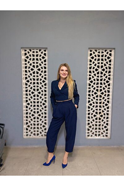 Store Premium Çizgili Crop Ceket - Lacivert