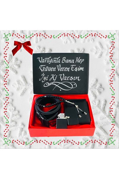 Carlino Men's Gift Set Black Leather Belt Wallet Prayer Beads Lighter (Our Cover Is Sample.)