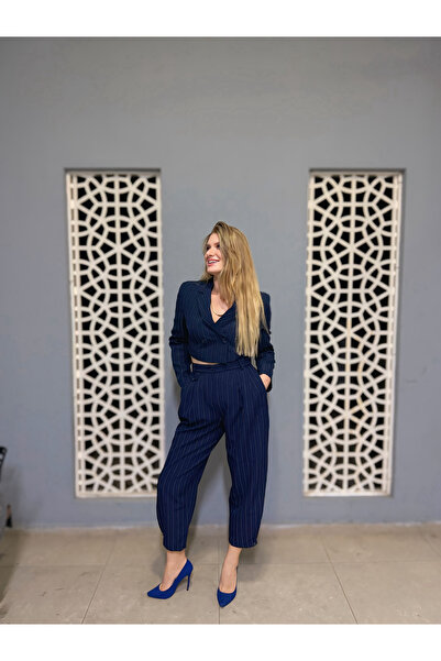 Store Premium Çizgili Crop Ceket - Lacivert